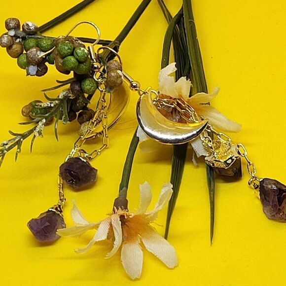 New, Not Worn, Brazilian  Amethyst, Point-Moon-Earings, in Goldtone - Picture 3 of 6